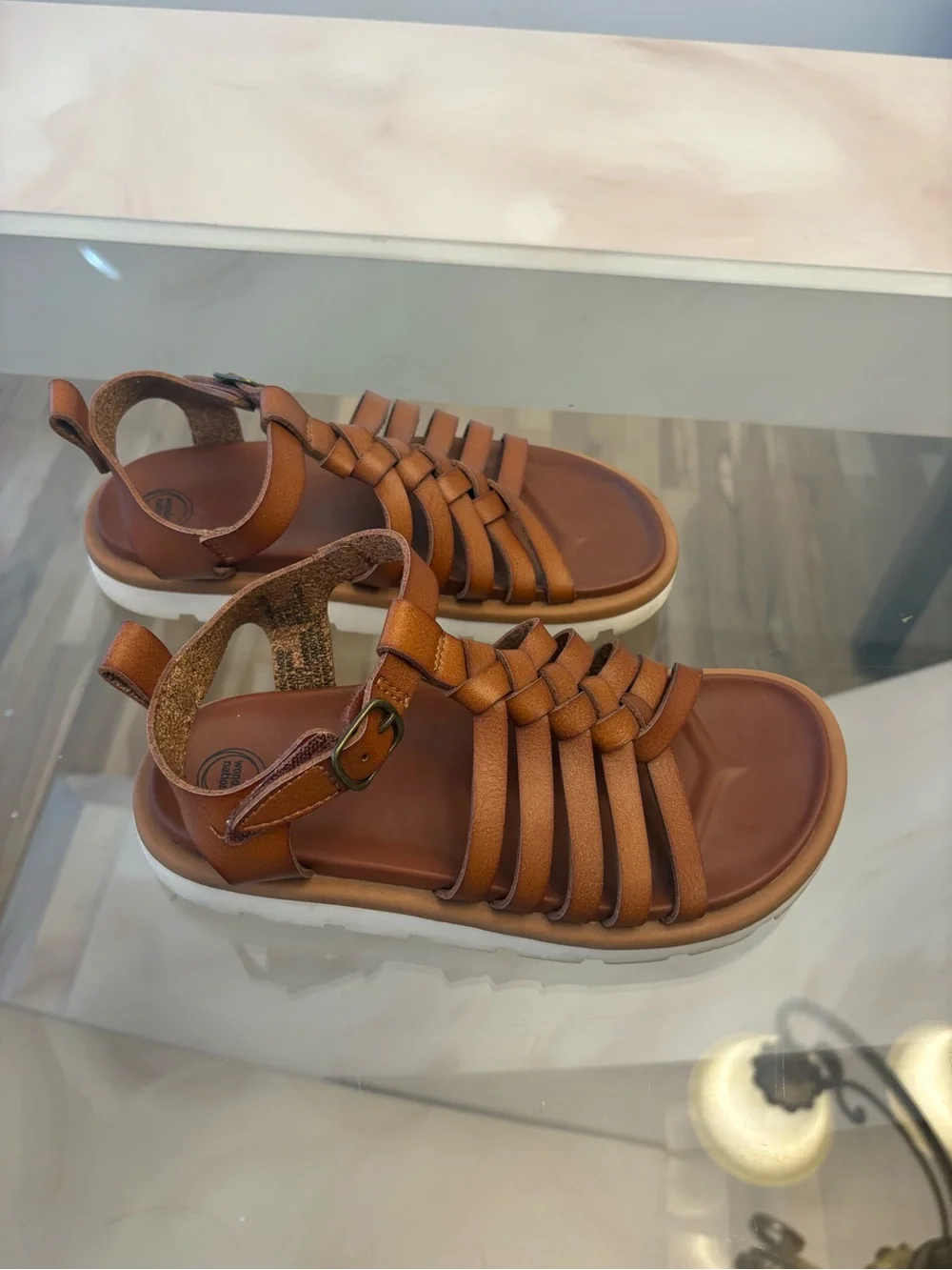 wonder nation Braided Strappy Ankle Buckle Sandals - Brown size 13